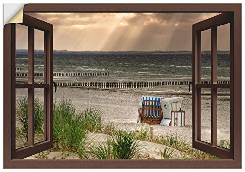 ARTland Wandbild selbstklebend Vinylfolie 130x90 cm Fensterblick Fenster Strand Düne Meer Maritim Strandkorb Küste Insel T6AL von ARTLAND