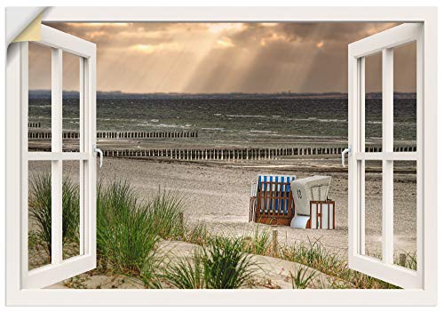 ARTland Wandbild selbstklebend Vinylfolie 130x90 cm Fensterblick Fenster Strand Düne Meer Maritim Strandkorb Küste Insel T6AM von ARTLAND