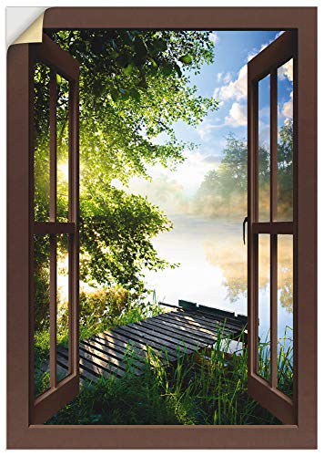 ARTland Wandbild selbstklebend Vinylfolie 50x70 cm Fensterblick Fenster Landschaft Wald Natur See Angelsteg Sonne Frühling T1DZ von ARTLAND