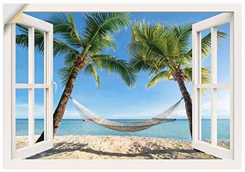 ARTland Wandbild selbstklebend Vinylfolie 70x50 cm Fensterblick Fenster Strand Karibik Meer Palmen Hängematte Südsee T4TQ von ARTLAND