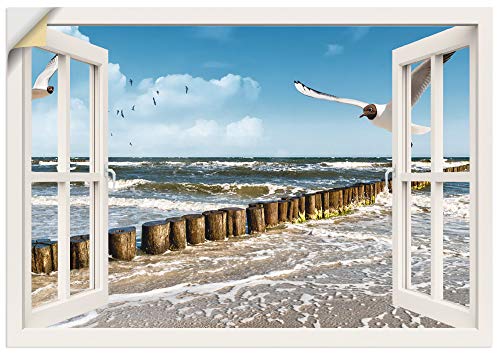 ARTland Wandbild selbstklebend Vinylfolie 70x50 cm Fensterblick Fenster Strand Meer Maritim Ostsee Möwe Himmel T5QT von ARTLAND