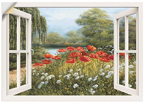 ARTland Wandbild selbstklebend Vinylfolie 70x50 cm Fensterblick Landschaft Blumen Mohnblumen See Blumenwiese Natur F7EN von ARTLAND