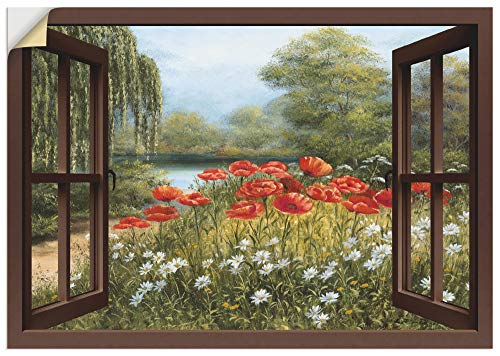 ARTland Wandbild selbstklebend Vinylfolie 70x50 cm Fensterblick Landschaft Blumen Mohnblumen See Blumenwiese Natur F7EO von ARTLAND
