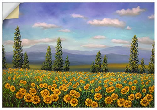 ARTland Wandbild selbstklebende Vinylfolie 100x70 cm Wandtattoo Sommer Landschaften Berge Zypressen Weite Felder Blumen Sonnenblumen U4PY von ARTLAND