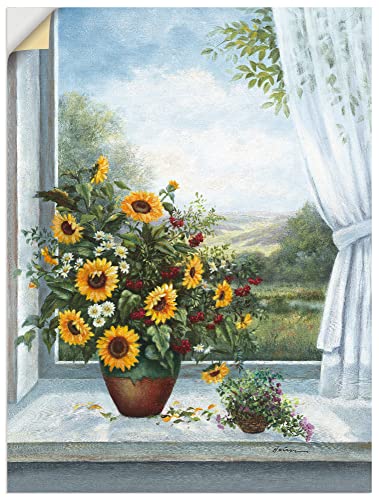 ARTland Wandbild selbstklebende Vinylfolie 60x80 cm Stillleben Arrangements Botanik Malerei Blau A6DL Sonnenblumen am Fenster von ARTLAND