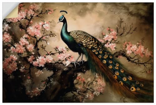 ARTland Wandbild selbstklebende Vinylfolie 90x60 cm Wandtattoo Asiatische Deko Pfau Baum Blumen Kirschblüten Vintage U4WA von ARTLAND