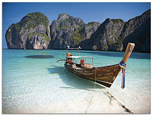 ARTland Wanddeko Glasbilder Wandbild Glas Bild einteilig 80x60 cm Querformat Natur Strand Meer Felsen Boot Thailand Asien KOH Phi Phi T5VI von ARTLAND