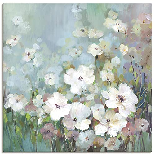 ARTLAND Wanddeko Leinwand Bilder Wandbild 100x100 cm Gemälde Blumenwiese Blüten Natur Blumen Boho Shabby Chic U2RR von ARTLAND