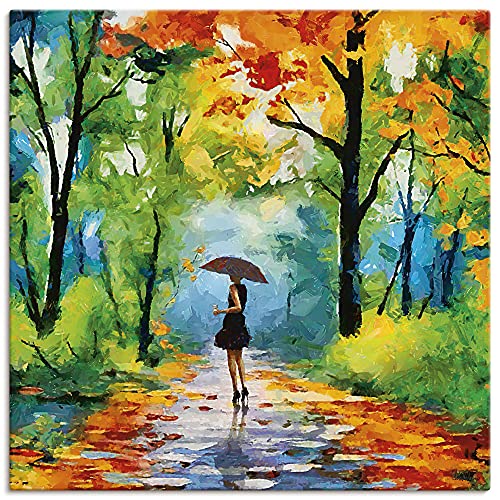 ARTLAND Wanddeko Leinwand Bilder Wandbild 100x100 cm Gemälde Landschaftsbilder Wald Herbst Natur Bäume Bunt U2TT von ARTLAND