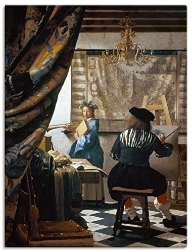 ARTLAND Wanddeko Leinwand Bilder Wandbild 60x80 cm Atelier Studio Vorhang Arrangement Maler Model Die Malkunst 1666/68 Barock Jan Vermeer van Delft T7QA von ARTLAND