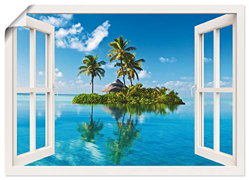 ARTLAND Wanddeko Poster & Kunstdrucke Wandposter 100x70 cm Fensterblick Paradies Insel Palmen Meer T5MZ von ARTLAND