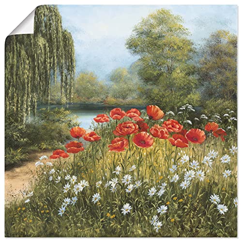 ARTLAND Wanddeko Poster & Kunstdrucke Wandposter Botanik Blumenwiese Mohnblume Malerei Grün Mohnwiese am See A1MB von ARTLAND