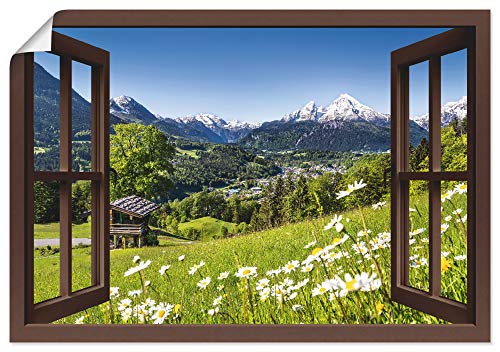 ARTLAND Wanddeko Poster & Kunstdrucke Wandposter Fensterblick Fenster Alpen Landschaft Berge Wald Gebirge Wiese Natur T5TP von ARTLAND