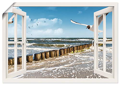 ARTLAND Wanddeko Poster & Kunstdrucke Wandposter Fensterblick Fenster Strand Meer Maritim Ostsee Möwe Himmel T5QT von ARTLAND
