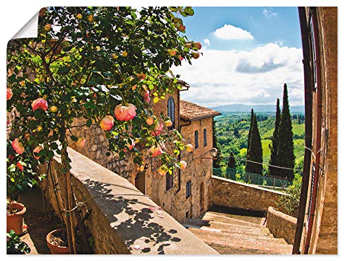 ARTLAND Wanddeko Poster & Kunstdrucke Wandposter 80x60 cm Fensterblick Toskana Landschaft Garten Rosen Balkon Natur T4QS von ARTLAND