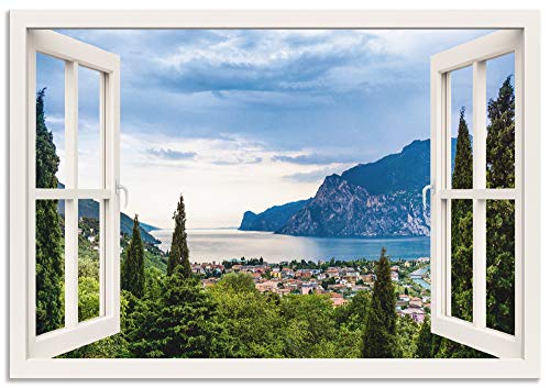 ARTland Wanddeko Wandbild Alu Verbundplatte für Innen & Outdoor Bild 100x70 cm Querformat Fensterblick Gardasee Landschaft See Natur Berge Italien U1TV von ARTLAND