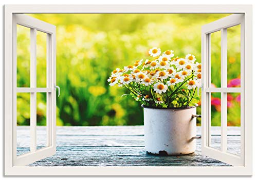 ARTland Wanddeko Wandbild Alu für Innen & Outdoor Metall Bild 70x50 cm Fensterblick Fenster Botanik Blumen Gänseblümchen Garten Frühling T4UG von ARTLAND