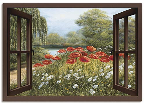 Artland Leinwandbild Wandbild Bild Leinwand 100x70 cm Wanddeko Fensterblick Fenster Landschaft Blumen See Natur Malerei Mohnblumen F7EO von ARTLAND