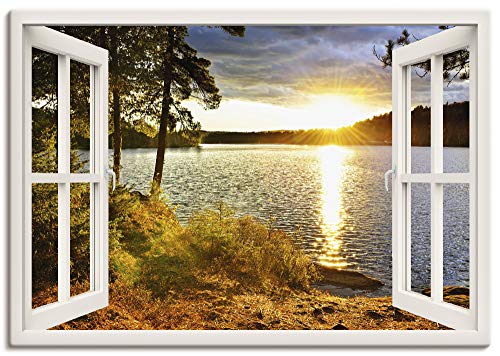 Artland Leinwandbild Wandbild Bild Leinwand 100x70 cm Wanddeko Fensterblick Fenster Landschaft Natur Wald See Sonnenuntergang Wolken K2RH von ARTLAND