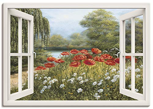 Artland Leinwandbild Wandbild Bild Leinwand 100x70 cm Wanddeko Fensterblick Landschaft Blumen Mohnblumen See Blumenwiese Natur F7EN von ARTLAND