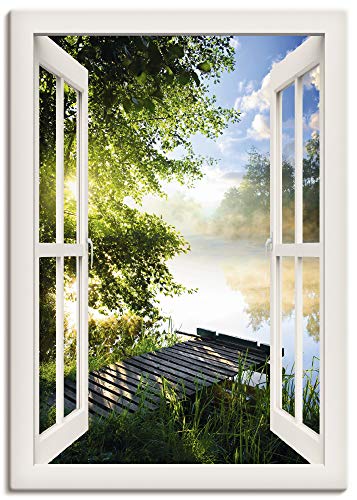 Artland Leinwandbild Wandbild Bild Leinwand 50x70 cm Wanddeko Fensterblick Fenster Landschaft Wald Natur See Angelsteg Sonne Frühling T1JK von ARTLAND