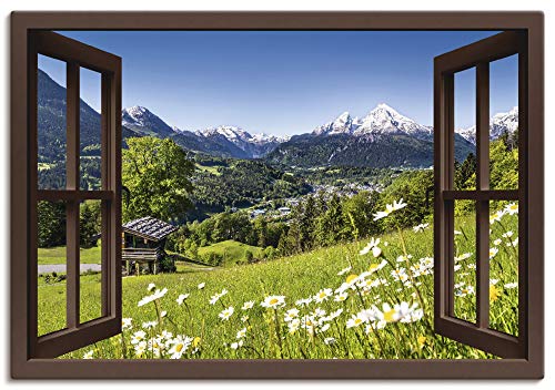 Artland Leinwandbild Wandbild Bild auf Leinwand 100x70 cm Wanddeko Fensterblick Fenster Alpen Landschaft Berge Wald Gebirge Wiese Natur T5TP von ARTLAND