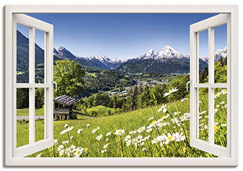 Artland Leinwandbild Wandbild Bild auf Leinwand 100x70 cm Wanddeko Fensterblick Fenster Alpen Landschaft Berge Wald Gebirge Wiese Natur T5TQ von ARTLAND