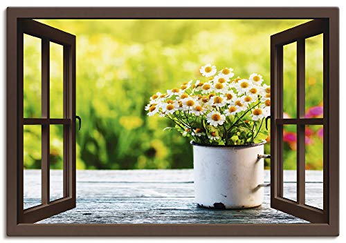 Artland Leinwandbild Wandbild Bild auf Leinwand 100x70 cm Wanddeko Fensterblick Fenster Botanik Blumen Gänseblümchen Garten Frühling T4UF von ARTLAND