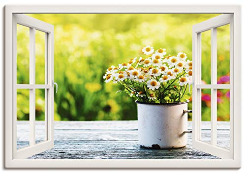 Artland Leinwandbild Wandbild Bild auf Leinwand 100x70 cm Wanddeko Fensterblick Fenster Botanik Blumen Gänseblümchen Garten Frühling T4UG von ARTLAND