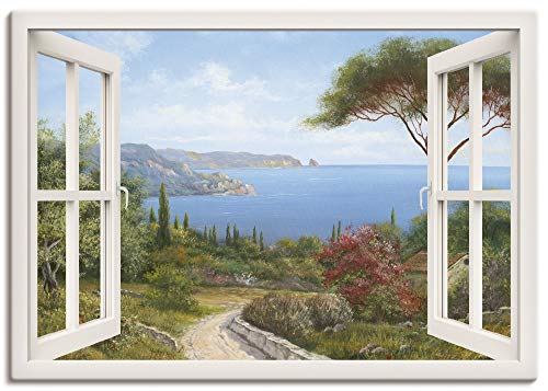 Artland Leinwandbild Wandbild Bild auf Leinwand 100x70 cm Wanddeko Fensterblick Fenster Küste Meer Bucht Landschaft Natur Malerei Kunst T4EF von ARTLAND