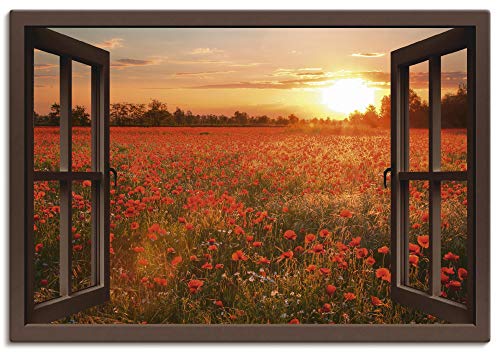 Artland Leinwandbild Wandbild Bild auf Leinwand 100x70 cm Wanddeko Fensterblick Fenster Natur Botanik Blumen Mohnblumen Sonnenuntergang T5ZN von ARTLAND
