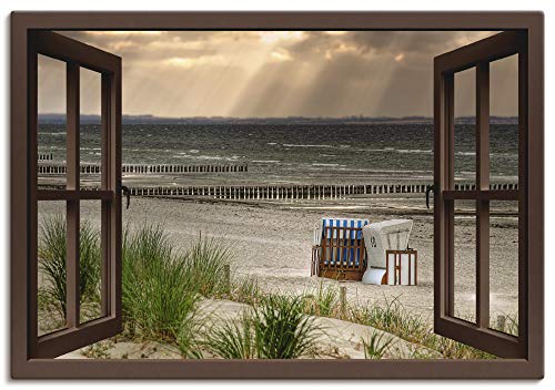 Artland Leinwandbild Wandbild Bild auf Leinwand 100x70 cm Wanddeko Fensterblick Fenster Strand Düne Meer Maritim Strandkorb Küste Insel T6AL von ARTLAND