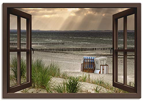 ARTLAND Wanddeko Leinwand Bilder Wandbild 100x70 cm Fensterblick Fenster Strand Düne Meer Maritim Strandkorb Küste Insel T6AL von ARTLAND