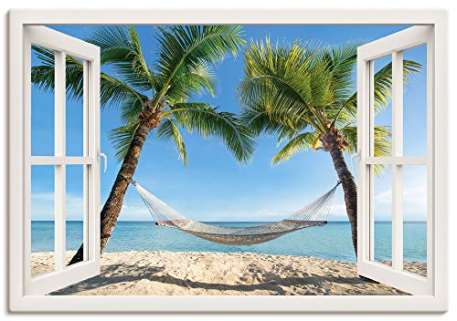 Artland Leinwandbild Wandbild Bild auf Leinwand 100x70 cm Wanddeko Fensterblick Fenster Strand Karibik Meer Palmen Hängematte Südsee T4TQ von ARTLAND