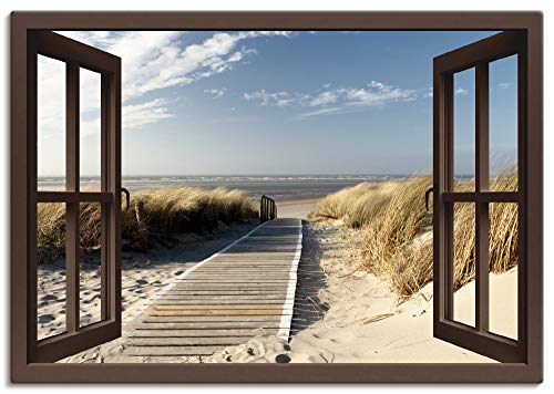 Artland Leinwandbild Wandbild Bild auf Leinwand 100x70 cm Wanddeko Fensterblick Fenster Strand Meer Maritim Düne Leuchtturm Nordsee Langeoog T5RP von ARTLAND