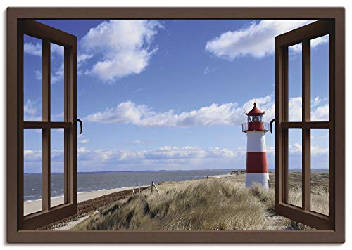 Artland Leinwandbild Wandbild Bild auf Leinwand 100x70 cm Wanddeko Fensterblick Fenster Strand Meer Maritim Düne Leuchtturm Sylt Nordsee T5SC von ARTLAND