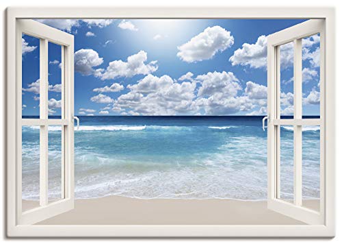 Artland Leinwandbild Wandbild Bild auf Leinwand 100x70 cm Wanddeko Fensterblick Fenster Strand Meer Maritim Karibik Südsee Urlaub Sommer T5UQ von ARTLAND