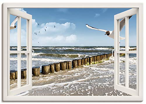 Artland Leinwandbild Wandbild Bild auf Leinwand 100x70 cm Wanddeko Fensterblick Fenster Strand Meer Maritim Ostsee Möwe Himmel T5QT von ARTLAND