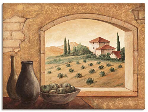 Artland Leinwandbild Wandbild Bild auf Leinwand 120x90 cm Wanddeko Fensterblick Fenster Toskana Landschaft Italien Natur Malerei Ocker T4MW von ARTLAND