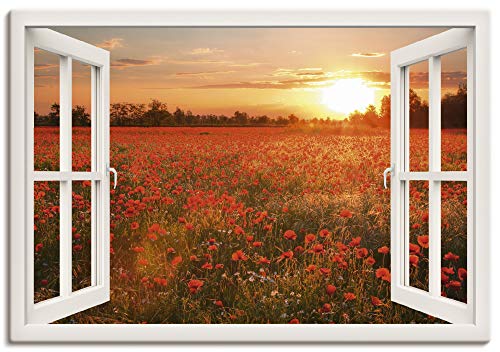 ARTLAND Wanddeko Leinwand Bilder Wandbild 130x90 cm Fensterblick Fenster Natur Botanik Blumen Mohnblumen Sonnenuntergang T5ZO von ARTLAND