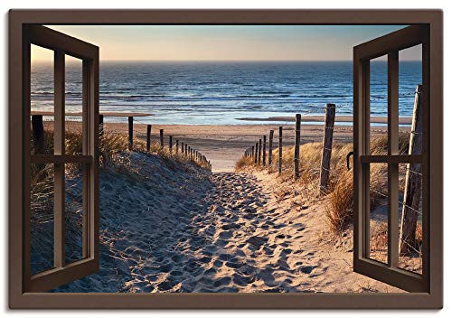 ARTLAND Wanddeko Leinwand Bilder Wandbild 130x90 cm Fensterblick Fenster Strand Düne Meer Maritim Landschaft Küste Natur T6BW von ARTLAND