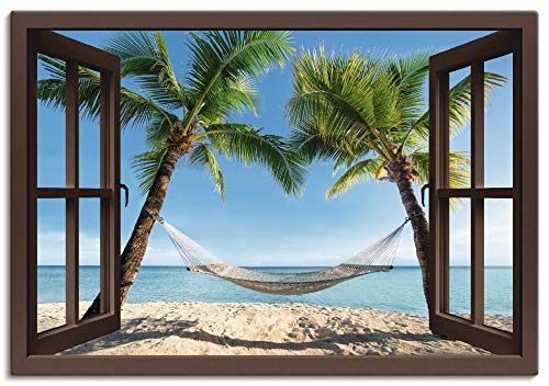Artland Leinwandbild Wandbild Bild auf Leinwand 130x90 cm Wanddeko Fensterblick Fenster Strand Karibik Meer Palmen Hängematte Südsee T4TP von ARTLAND