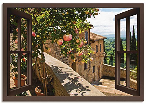 ARTland Leinwandbild Wandbild Bild auf Leinwand 130x90 cm Wanddeko Fensterblick Fenster Toskana Landschaft Garten Rosen Balkon Natur T5QB von ARTLAND