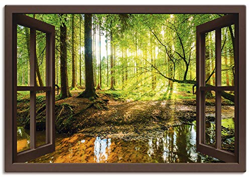 Artland Leinwandbild Wandbild Bild auf Leinwand 130x90 cm Wanddeko Fensterblick Wald Natur Landschaft Bach Sonne Baum Sonnenstrahlen T6AJ von ARTLAND