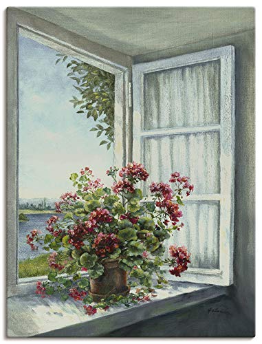 Artland Leinwandbild Wandbild Bild auf Leinwand 45x60 cm Wanddeko Fensterblick Fenster Blumen Botanik Geranie Malerei Landhaus Kunst T4DR von ARTLAND