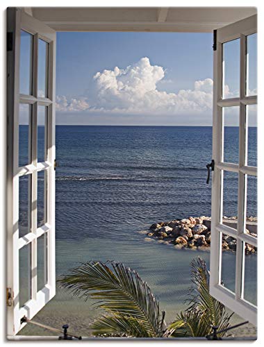 Artland Leinwandbild Wandbild Bild auf Leinwand 45x60 cm Wanddeko Fensterblick Fenster zum Paradies Strand Meer Maritim Palmen Landschaft T9II von ARTLAND