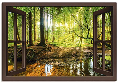 Artland Leinwandbild Wandbild Bild auf Leinwand 70x50 cm Wanddeko Fensterblick Wald Natur Landschaft Bach Sonne Baum Sonnenstrahlen T6AJ von ARTLAND