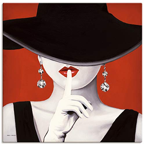 ARTland Leinwandbilder Wandbild Bild auf Leinwand 70x70 cm Wanddeko Frau Hut Stil Lippenstift Beauty Mode Moderne Kunst Schwarz Weiß Rot K8BI von ARTLAND