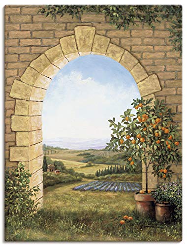 Artland Leinwandbild Wandbild Bild auf Leinwand 90x120 cm Wanddeko Fensterblick Toskana Landschaft Italien Natur Malerei Torbogen Felder T4CJ von ARTLAND