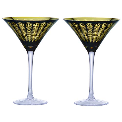 ARTLAND - Midnight Peacock Martini Gläser - Gold & Schwarz - 2er Set - 250ml Fassungsvermögen pro Glas - Ideales Cocktail Zubehör, hohe Gläser für Margarita und andere Cocktails von ARTLAND